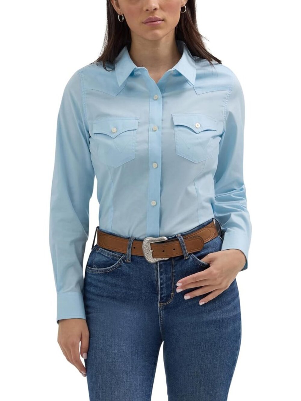 Women's Cool Blue Retro Long Sleeve Cool Blue Solid Western Shirt Cotton Blend